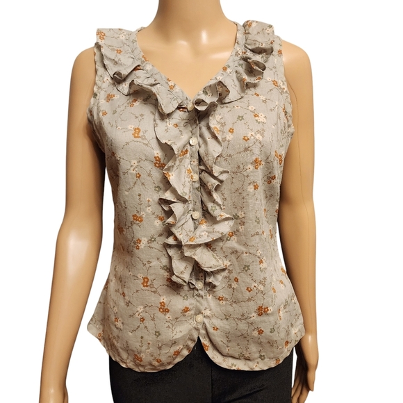J Jill Floral Ruffle Sleeveless Button Down Blouse in Sage Green - Picture 1 of 13